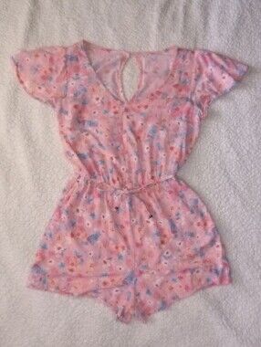 Women's Pink Floral Short-Sleeve Romper with Cinched Waist